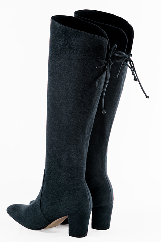 Navy blue women's knee-high boots, with laces at the back. Round toe. Medium block heels. Made to measure. Rear view - Florence KOOIJMAN